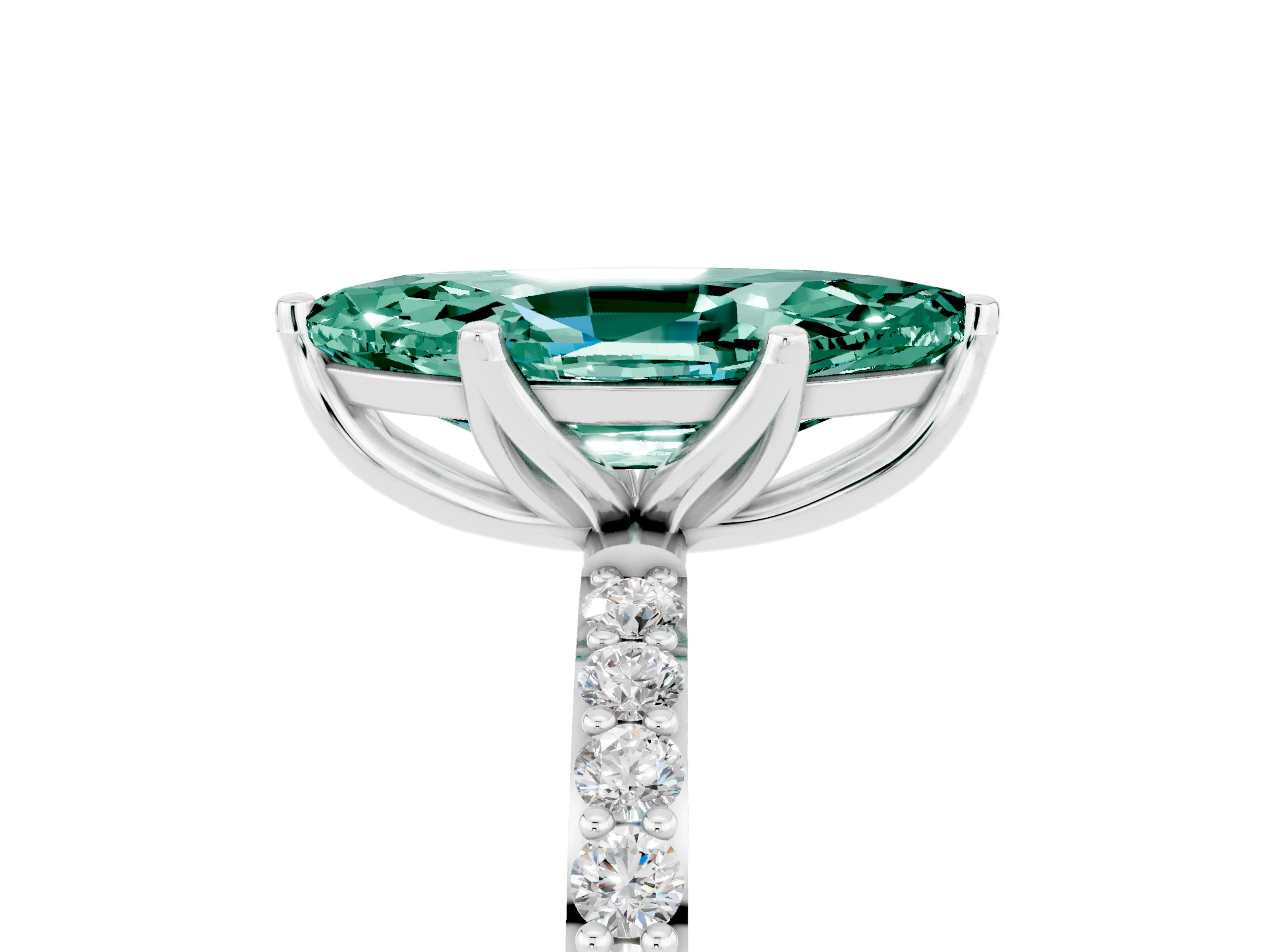 White gold Marquise Cut Green Sapphire Solitaire Engagement Ring with Pavé Band and Prong Setting_5