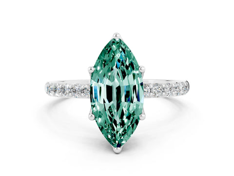 White gold Marquise Cut Green Sapphire Solitaire Engagement Ring with Pavé Band and Prong Setting