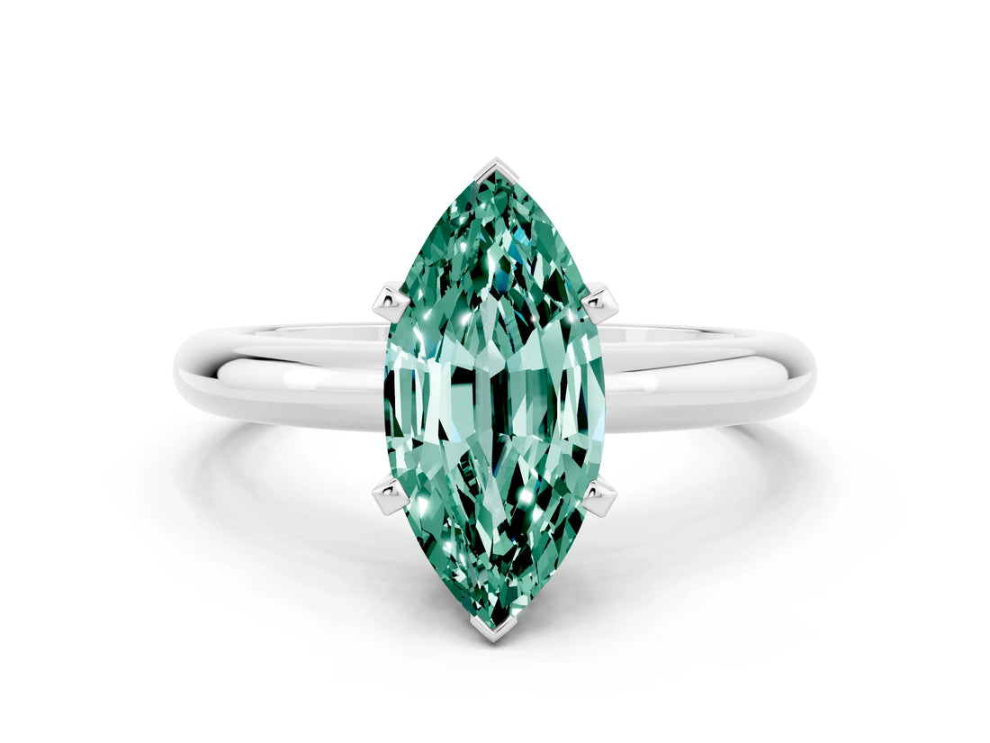 White gold Marquise Cut Green Sapphire Solitaire Engagement Ring with Round Band and Four-Prong Setting