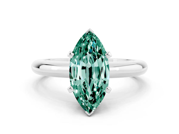 Platinum Marquise Cut Green Sapphire Solitaire Engagement Ring with Round Band and Four-Prong Setting