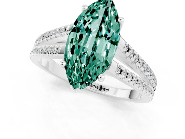 White gold Marquise Cut Green Sapphire Solitaire Engagement Ring with Split Shank Pavé Band