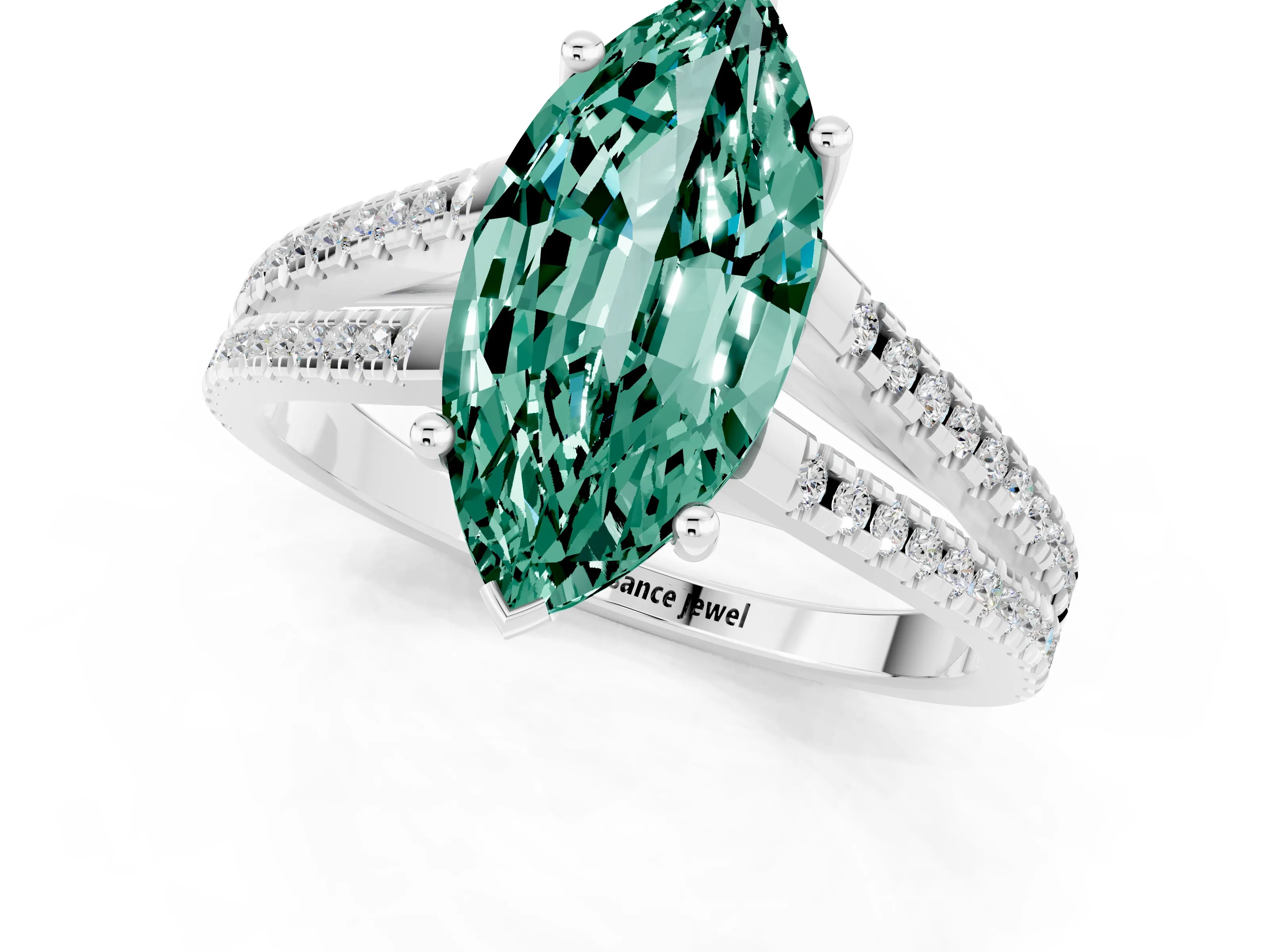 White gold Marquise Cut Green Sapphire Solitaire Engagement Ring with Split Shank Pavé Band_1