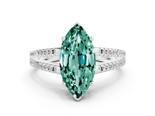 Silver Marquise Cut Green Sapphire Solitaire Engagement Ring with Split Shank Pavé Band