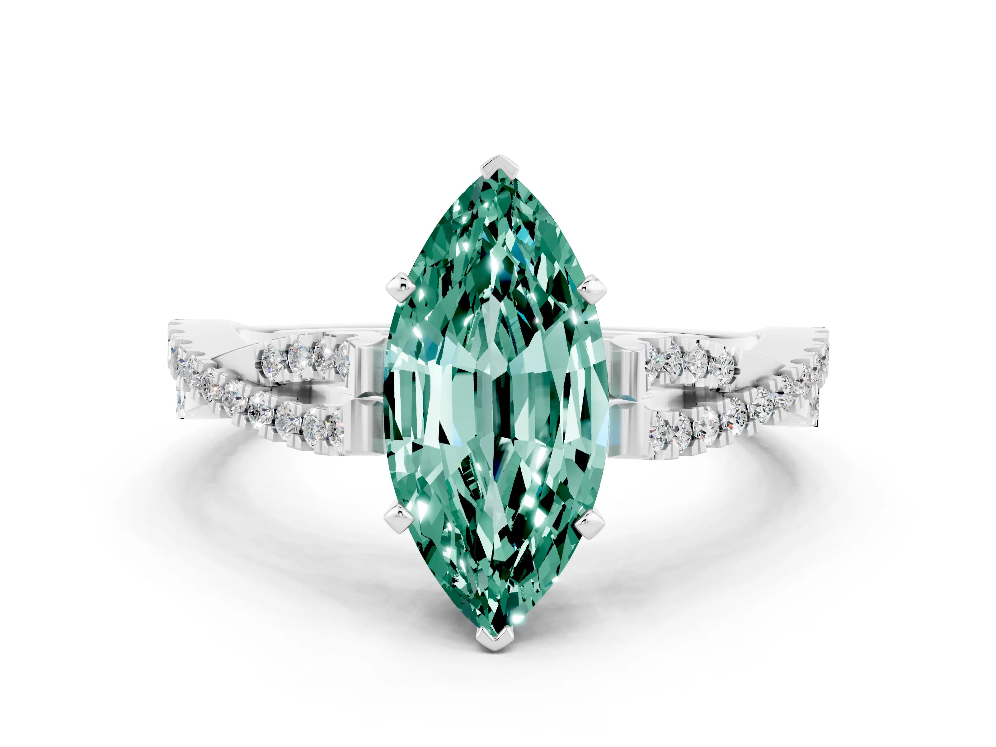 White gold Marquise Cut Green Sapphire Solitaire Engagement Ring with Twisted Pavé Band and Four-Prong Setting