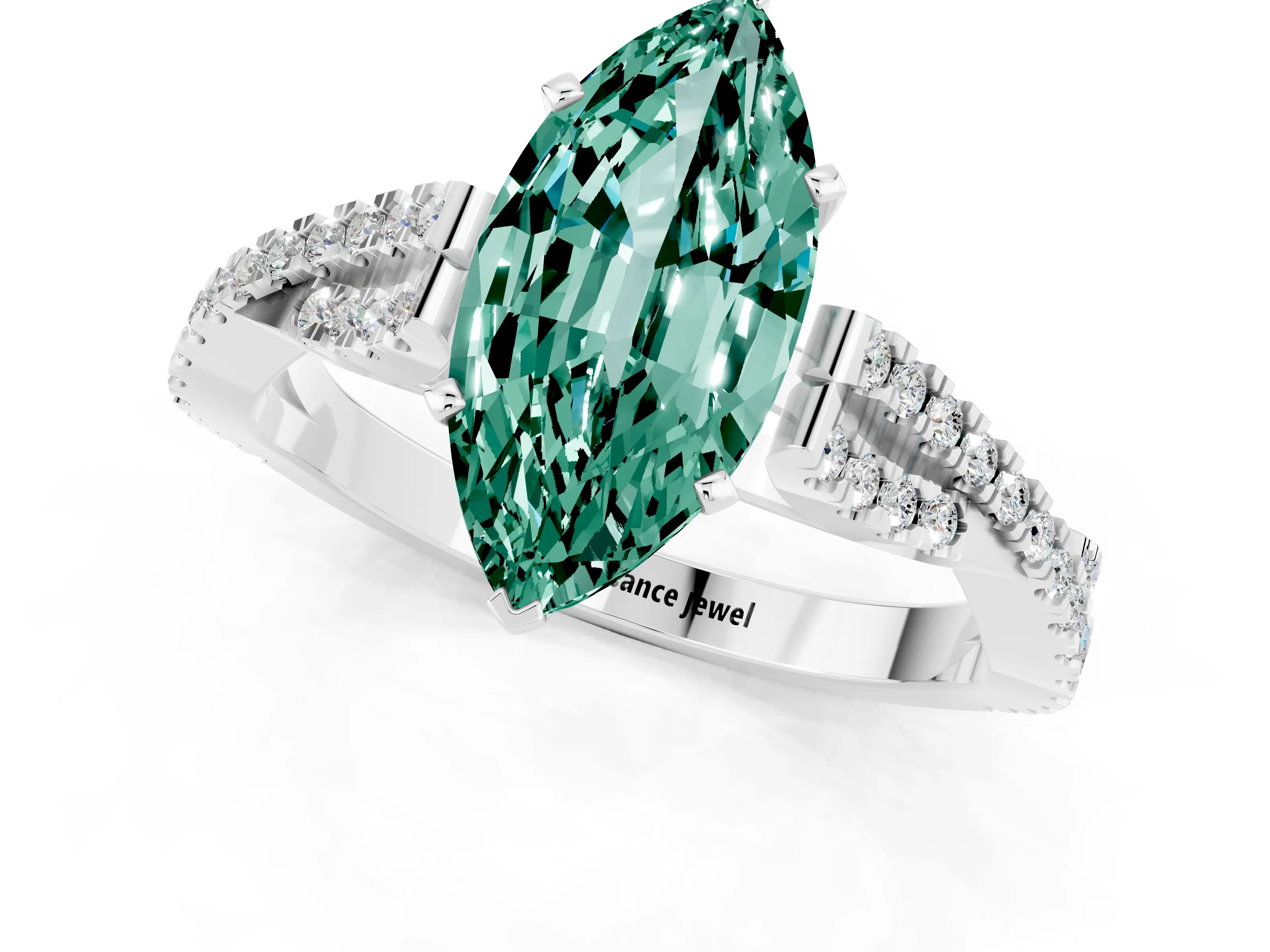 White gold Marquise Cut Green Sapphire Solitaire Engagement Ring with Twisted Pavé Band and Four-Prong Setting_1