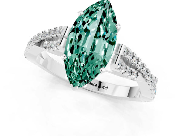 White gold Marquise Cut Green Sapphire Solitaire Engagement Ring with Twisted Pavé Band and Four-Prong Setting