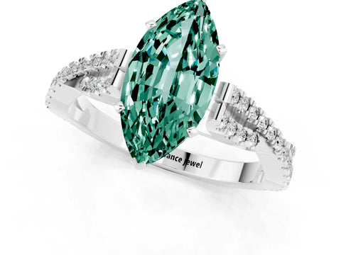 White gold Marquise Cut Green Sapphire Solitaire Engagement Ring with Twisted Pavé Band and Four-Prong Setting_1