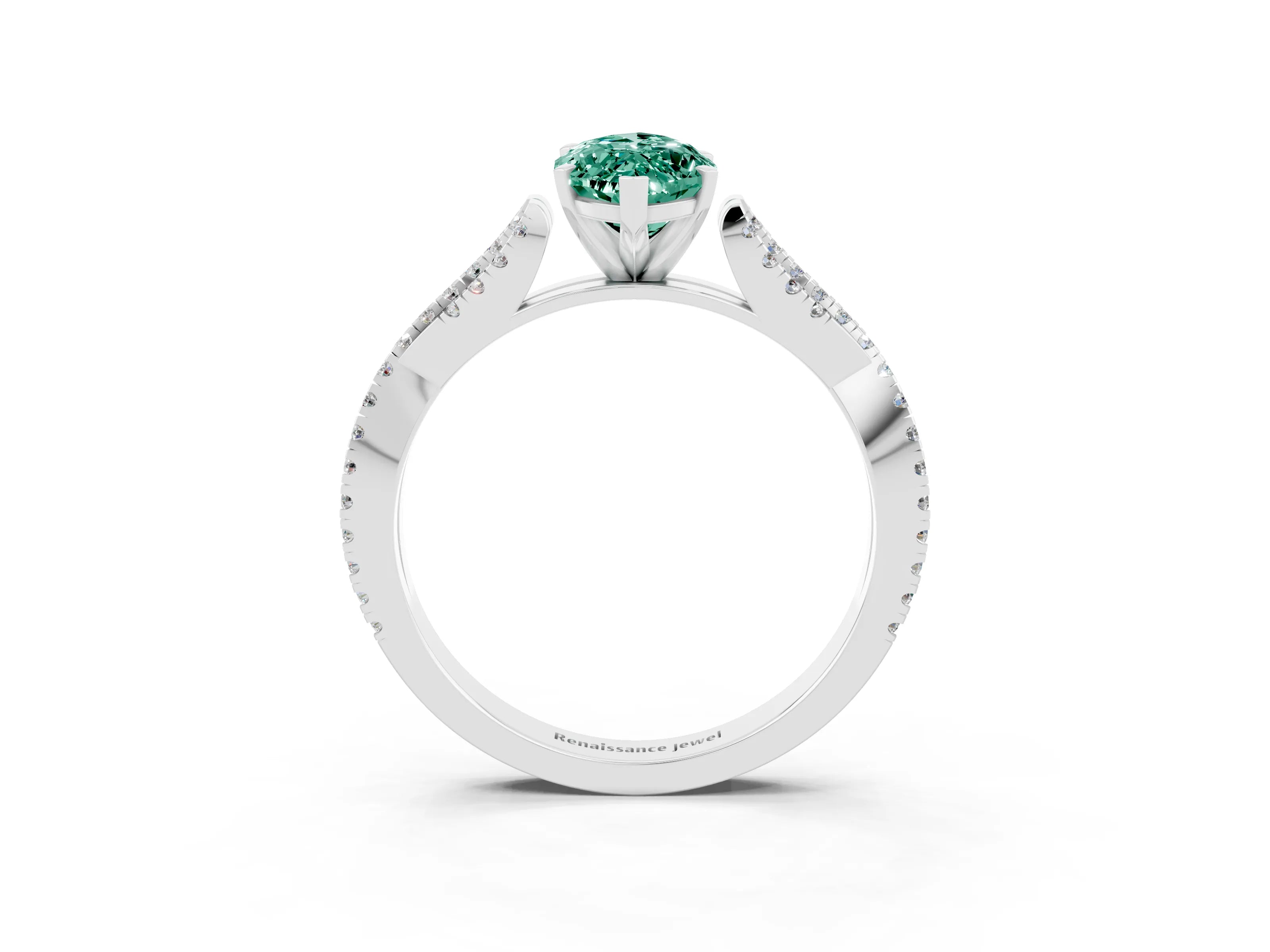 White gold Marquise Cut Green Sapphire Solitaire Engagement Ring with Twisted Pavé Band and Four-Prong Setting_3