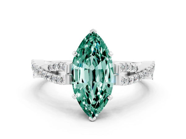 White gold Marquise Cut Green Sapphire Solitaire Engagement Ring with Twisted Pavé Band and Four-Prong Setting
