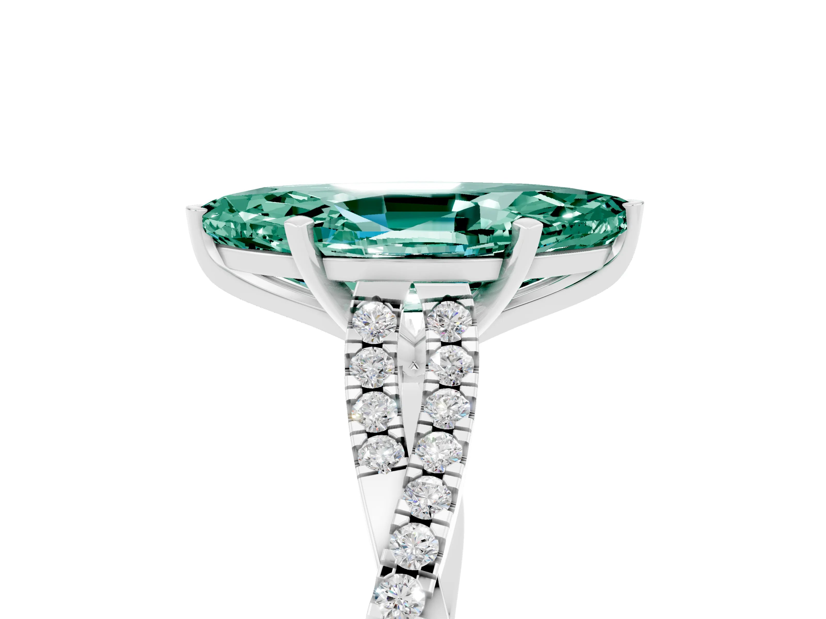 White gold Marquise Cut Green Sapphire Solitaire Engagement Ring with Twisted Pavé Band and Four-Prong Setting_5