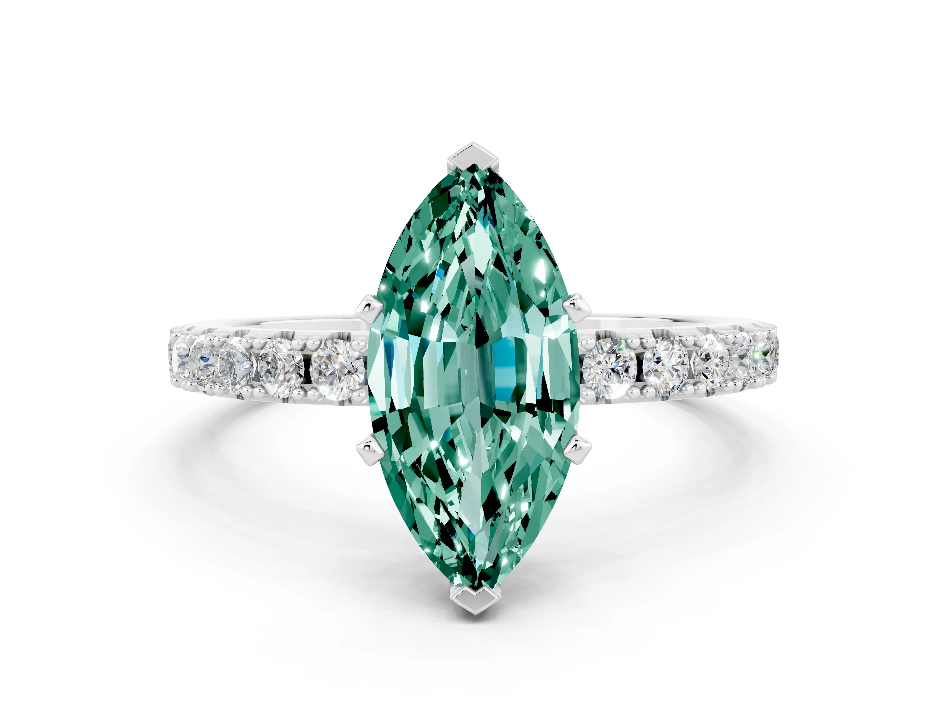 White gold Marquise Cut Green Sapphire Solitaire Pavé Band with Four-Prong Setting