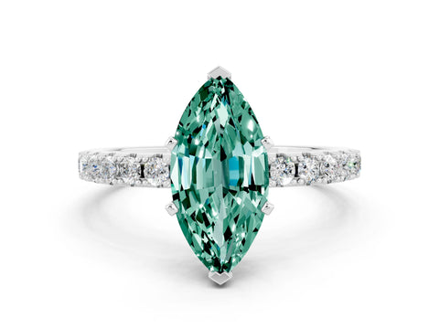 White gold Marquise Cut Green Sapphire Solitaire Pavé Band with Four-Prong Setting