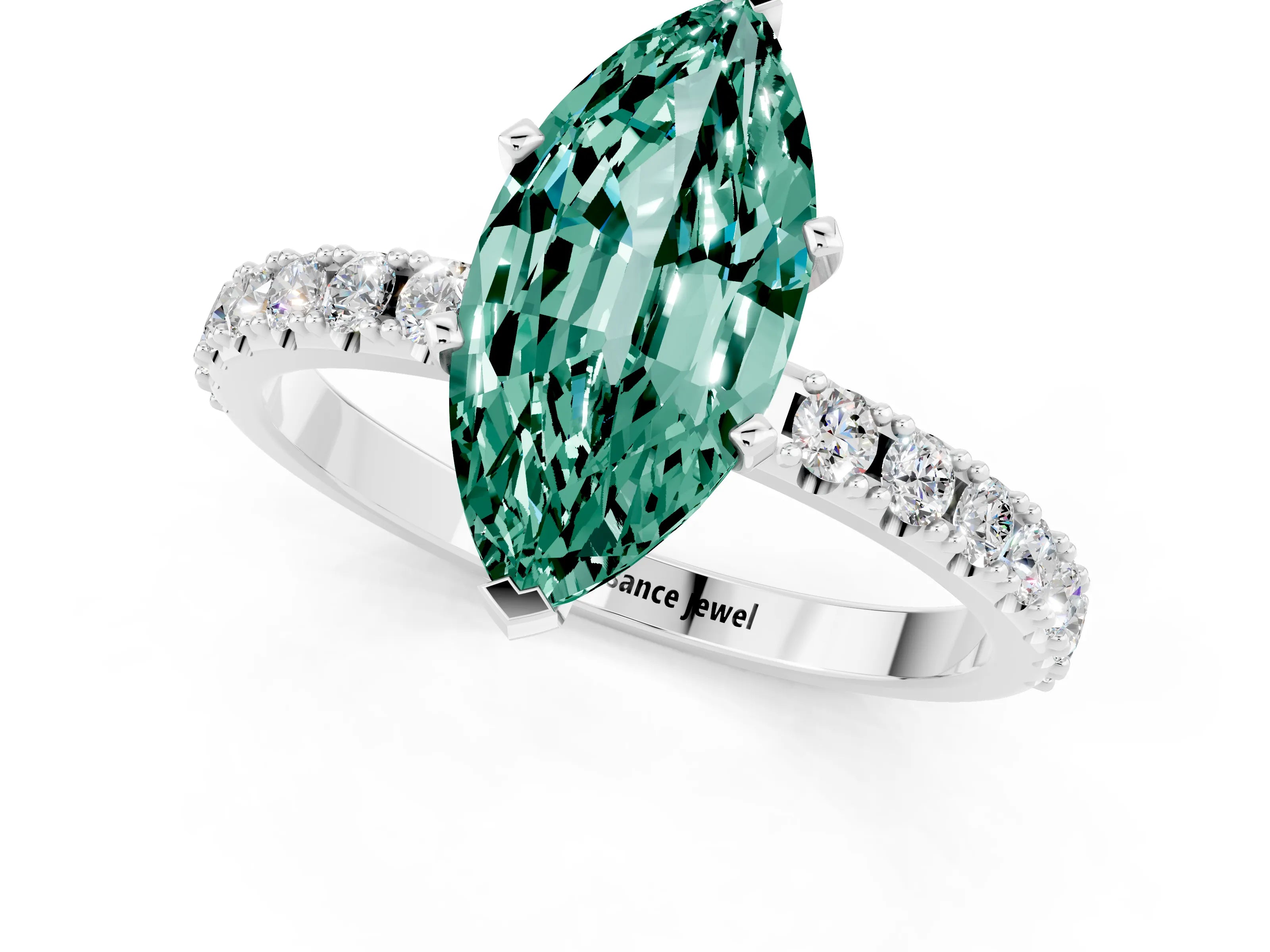 White gold Marquise Cut Green Sapphire Solitaire Pavé Band with Four-Prong Setting_1