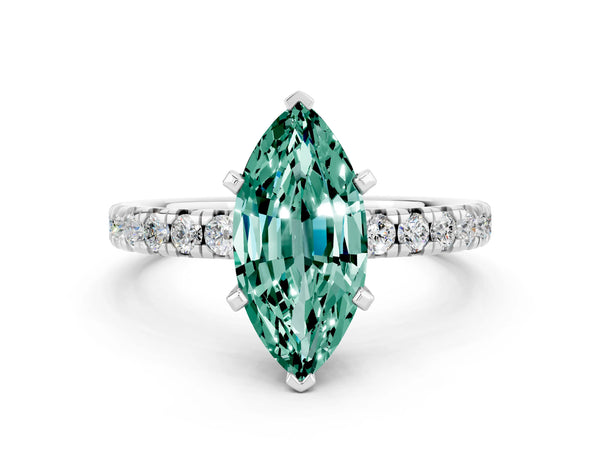Platinum Marquise Cut Green Sapphire Solitaire Pavé Engagement Ring with Round Band and Prong Setting