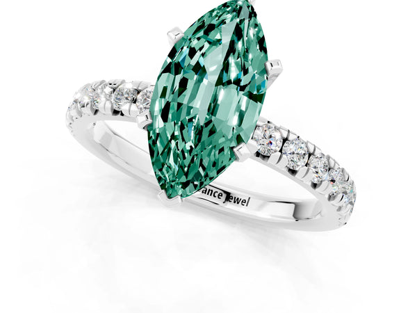 White gold Marquise Cut Green Sapphire Solitaire Pavé Engagement Ring with Round Band and Prong Setting