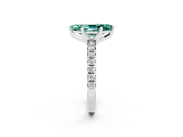 Platinum Marquise Cut Green Sapphire Solitaire Pavé Engagement Ring with Round Band and Prong Setting