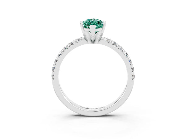 Silver Marquise Cut Green Sapphire Solitaire Pavé Engagement Ring with Round Band and Prong Setting