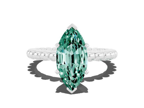 Platinum Marquise Cut Green Sapphire Solitaire Ring with Beaded Band and Prong Setting