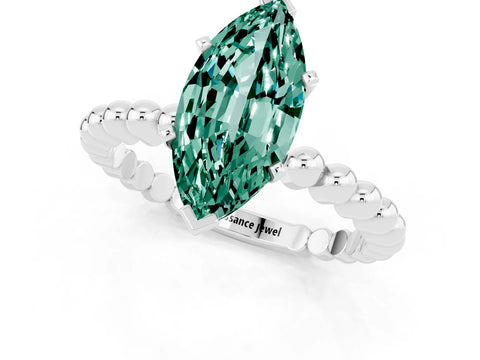 White gold Marquise Cut Green Sapphire Solitaire Ring with Beaded Band and Prong Setting_1