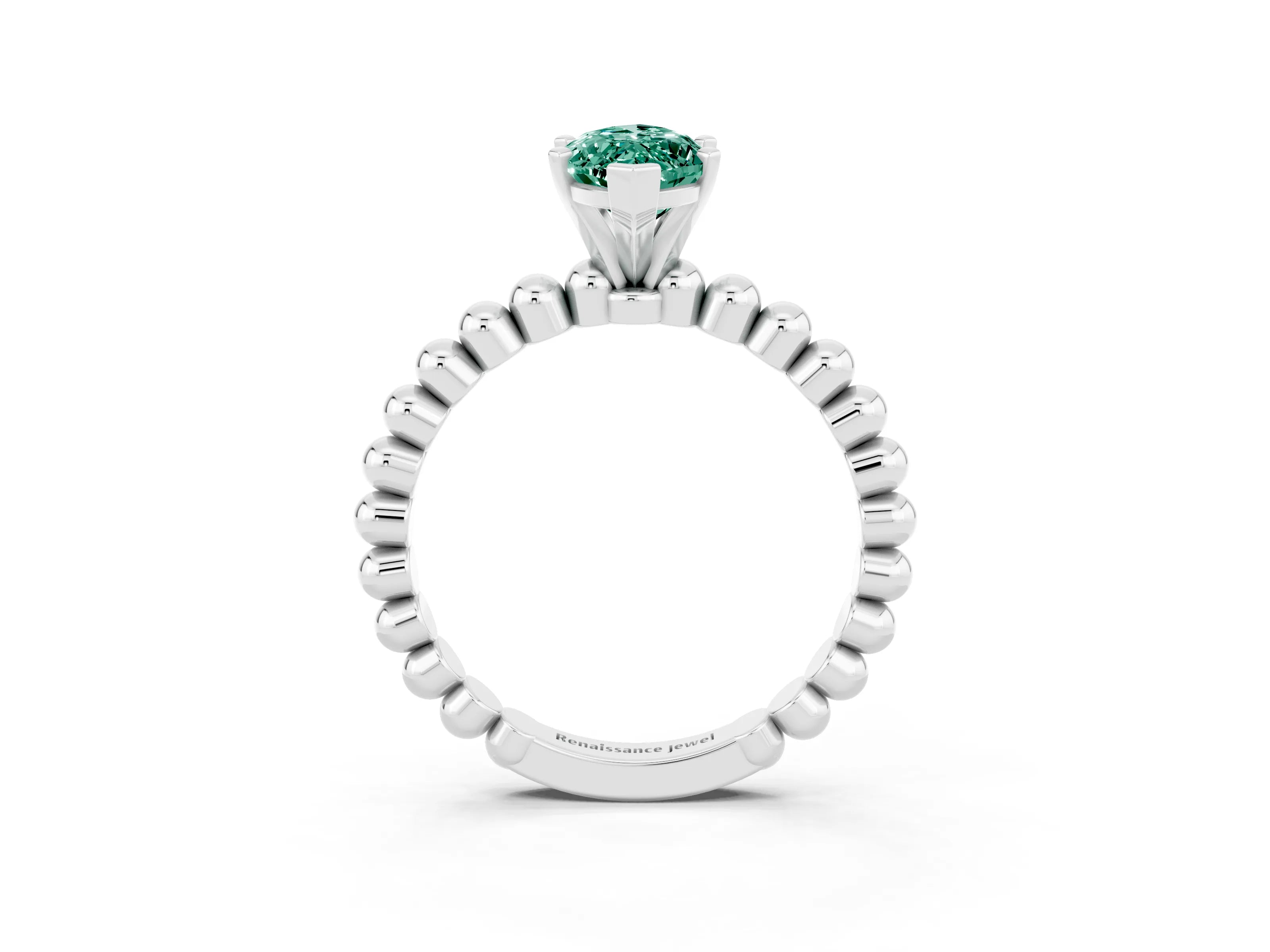 White gold Marquise Cut Green Sapphire Solitaire Ring with Beaded Band and Prong Setting_3