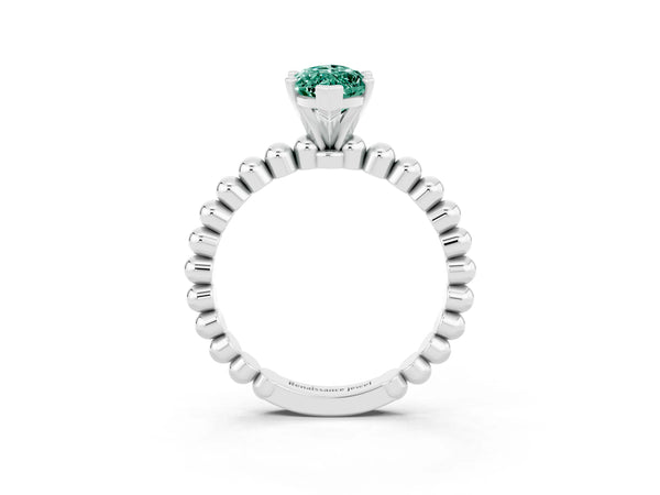 Silver Marquise Cut Green Sapphire Solitaire Ring with Beaded Band and Prong Setting