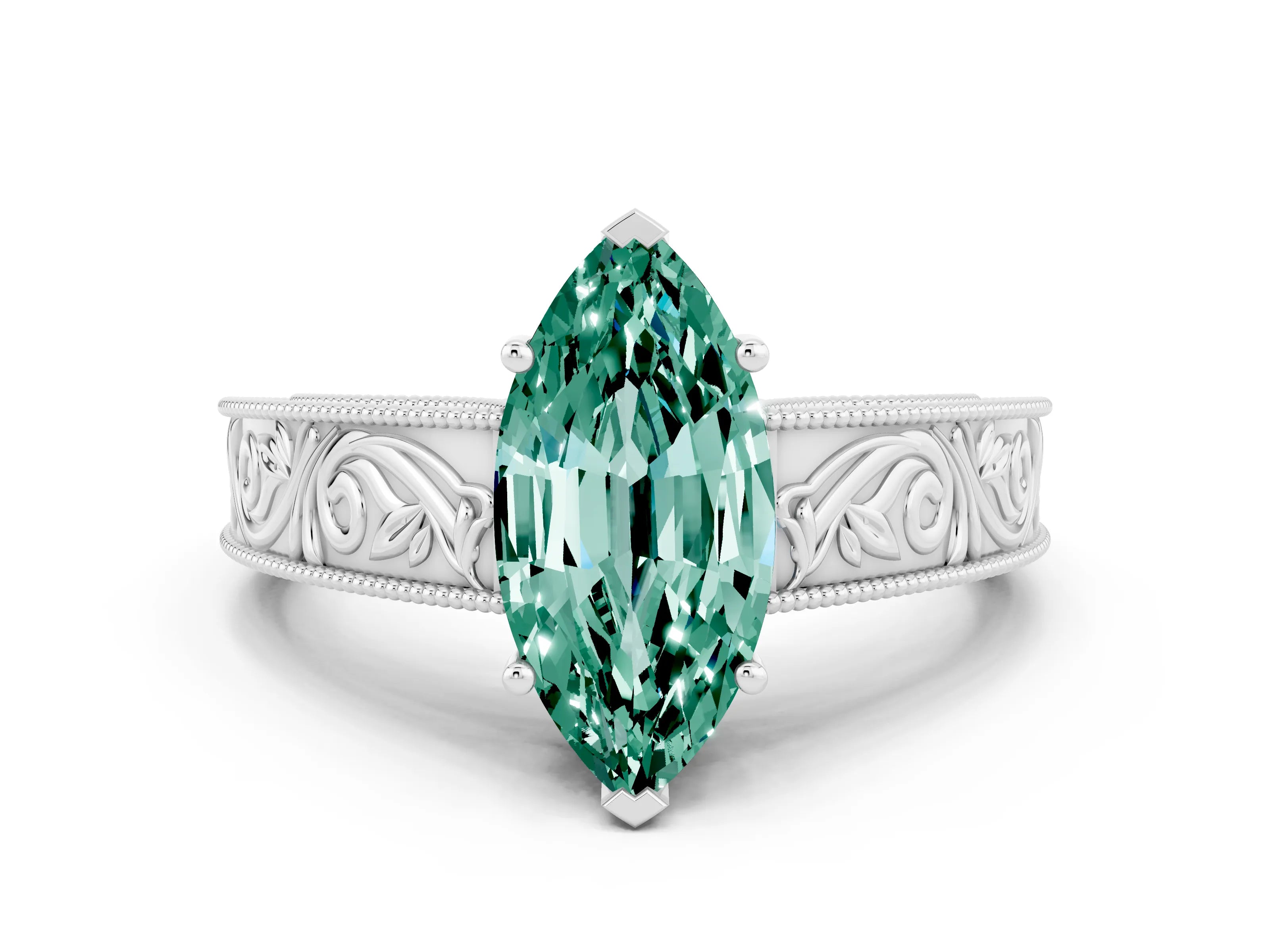 White gold Marquise Cut Green Sapphire Solitaire Ring with Engraved Band and Four-Prong Setting