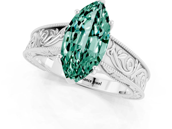 White gold Marquise Cut Green Sapphire Solitaire Ring with Engraved Band and Four-Prong Setting