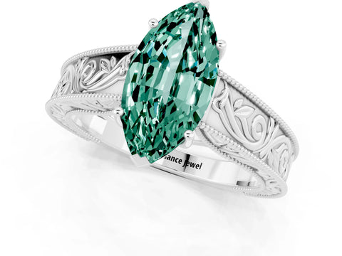 White gold Marquise Cut Green Sapphire Solitaire Ring with Engraved Band and Four-Prong Setting_1