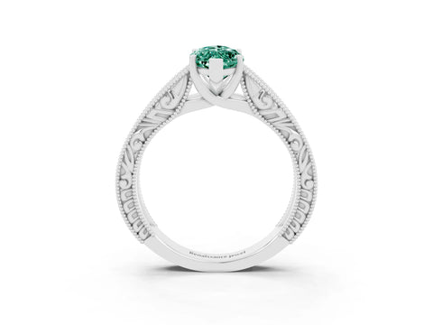 White gold Marquise Cut Green Sapphire Solitaire Ring with Engraved Band and Four-Prong Setting_3