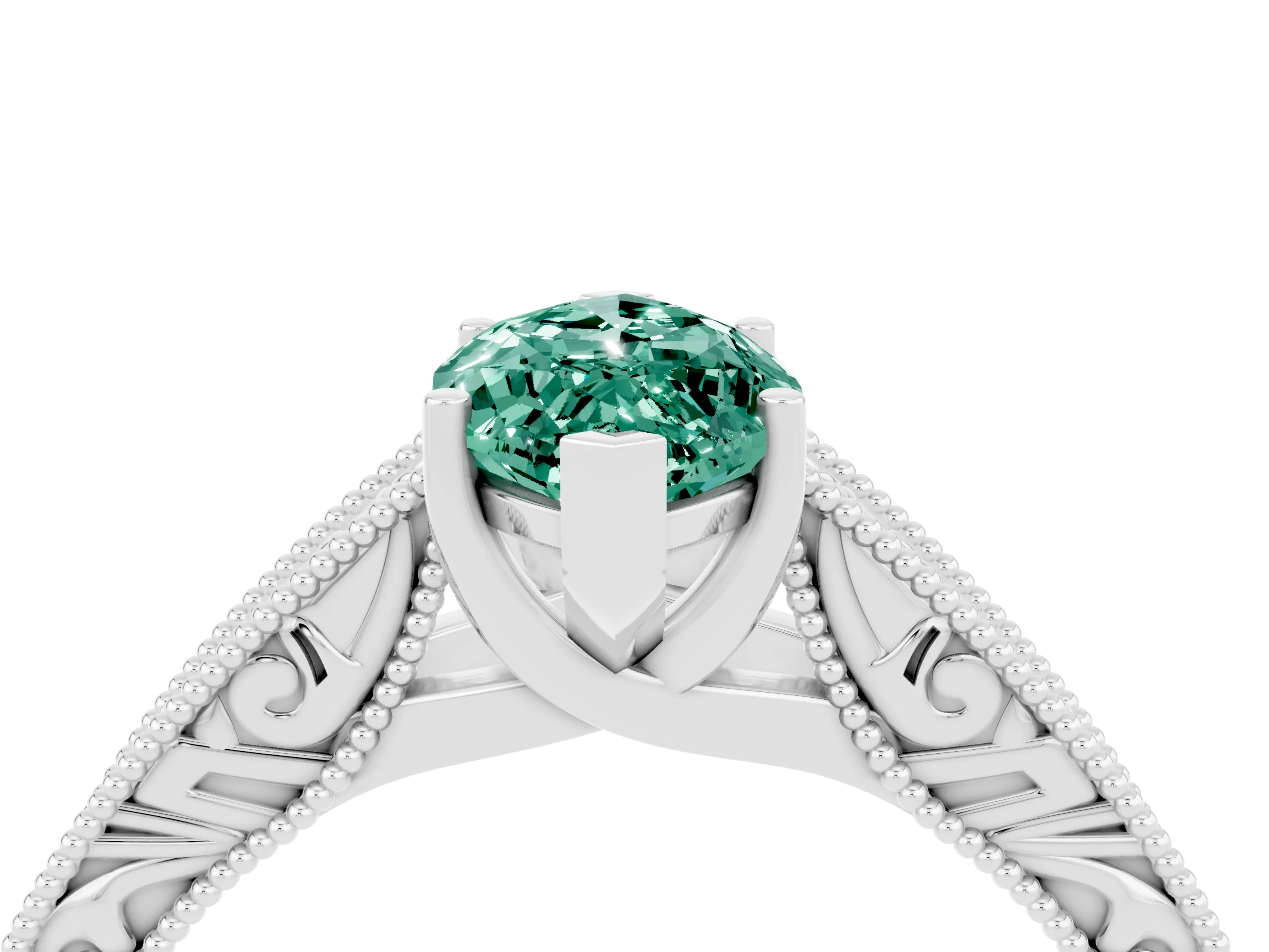 White gold Marquise Cut Green Sapphire Solitaire Ring with Engraved Band and Four-Prong Setting_4
