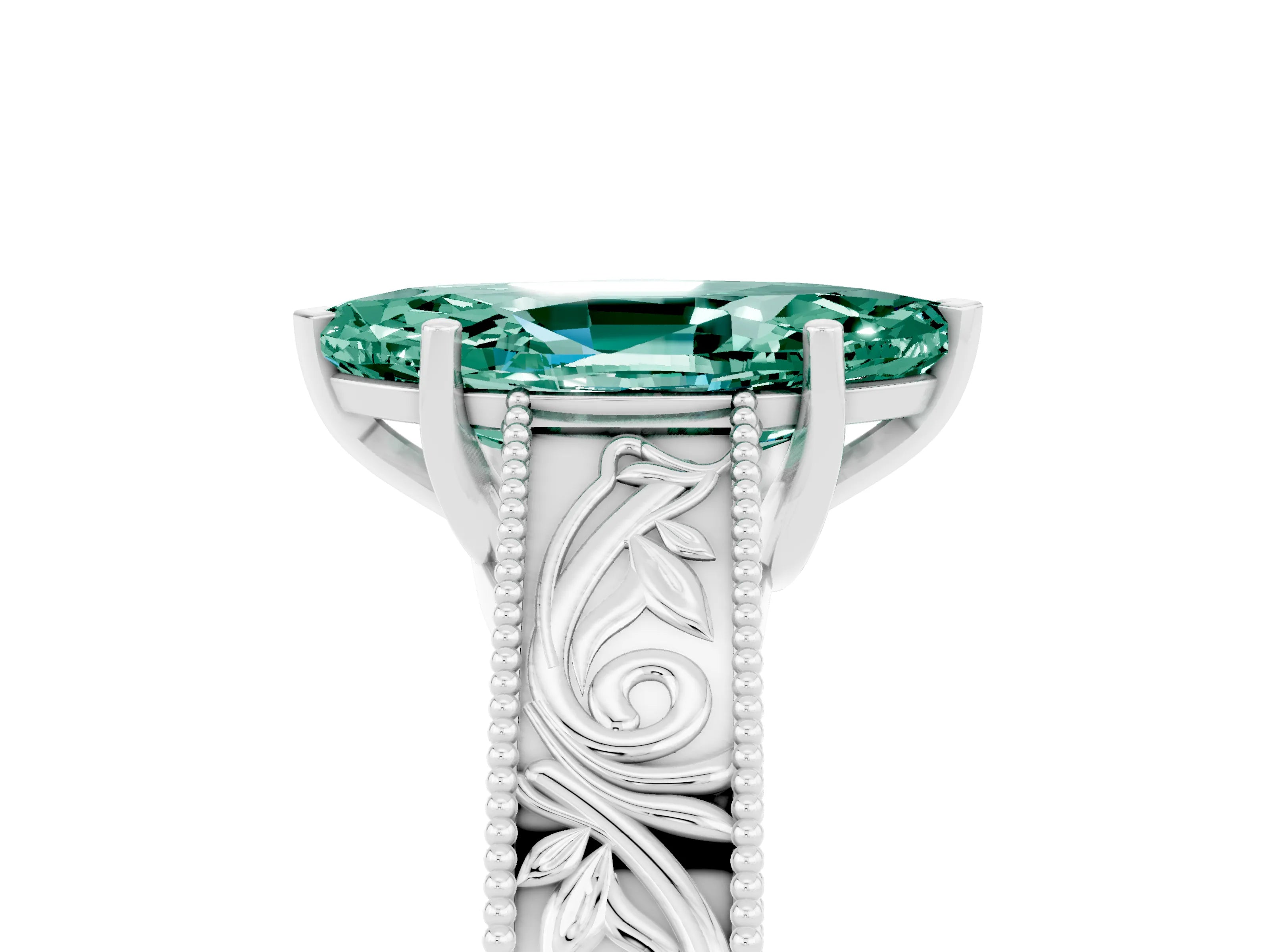 White gold Marquise Cut Green Sapphire Solitaire Ring with Engraved Band and Four-Prong Setting_5