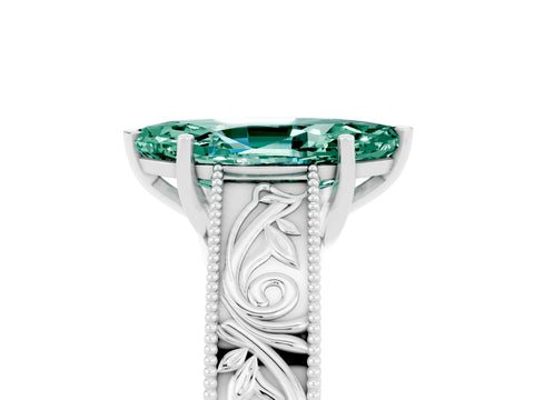White gold Marquise Cut Green Sapphire Solitaire Ring with Engraved Band and Four-Prong Setting_5