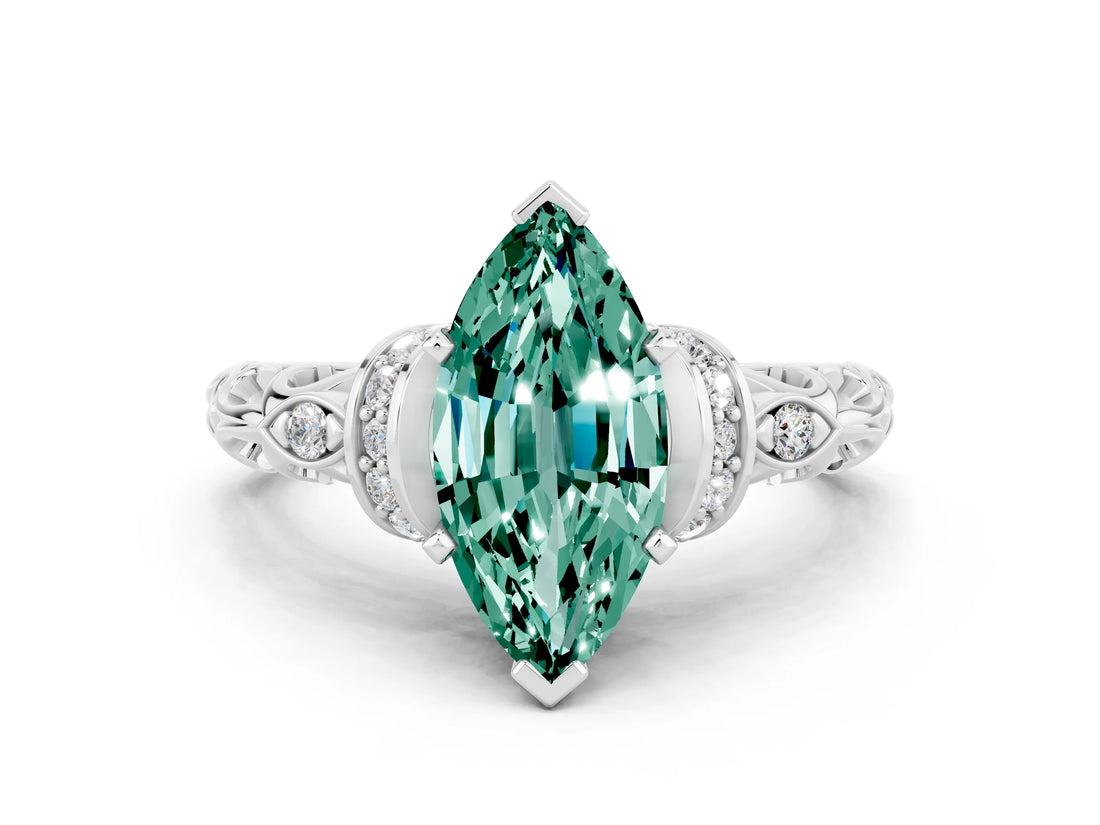 White gold Marquise Cut Green Sapphire Solitaire Ring with Filigree Band and Four-Prong Setting_24