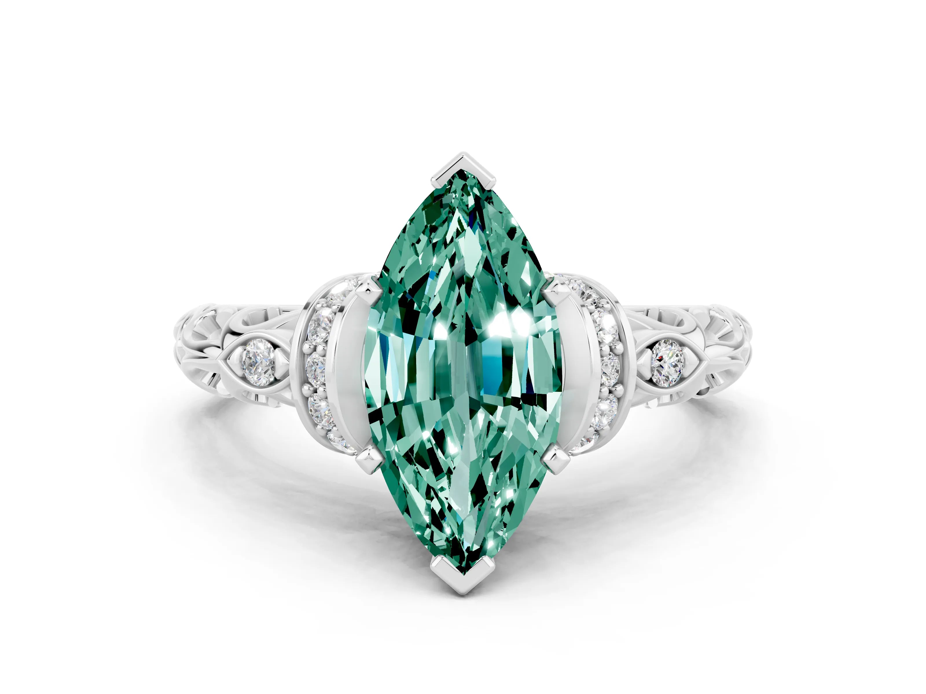 White gold Marquise Cut Green Sapphire Solitaire Ring with Filigree Band and Four-Prong Setting_24