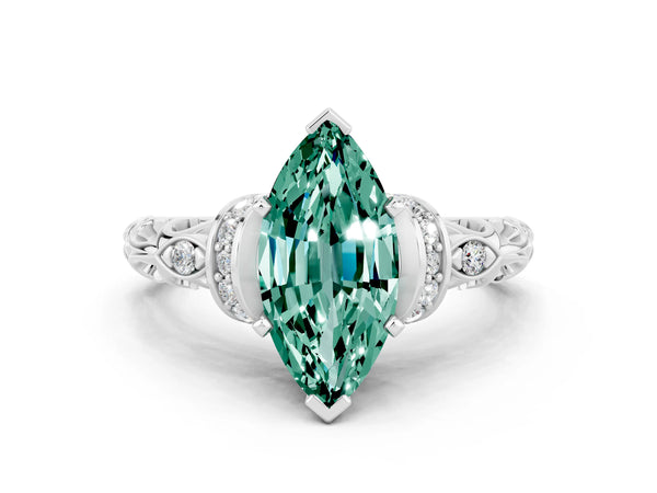 Silver Marquise Cut Green Sapphire Solitaire Ring with Filigree Band and Four-Prong Setting