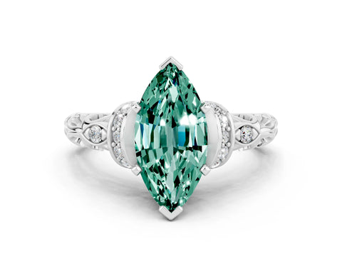 White gold Marquise Cut Green Sapphire Solitaire Ring with Filigree Band and Four-Prong Setting_24
