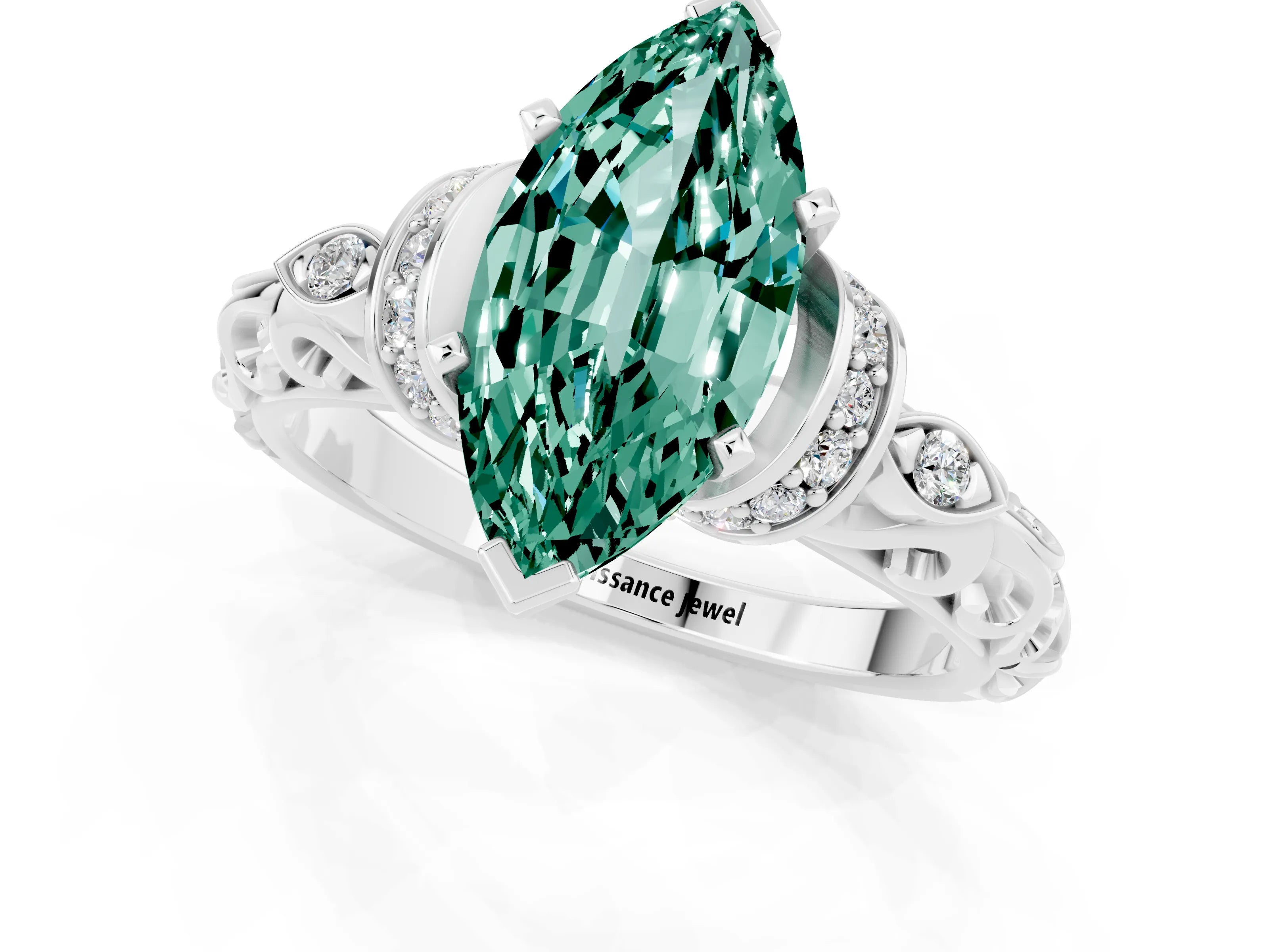 White gold Marquise Cut Green Sapphire Solitaire Ring with Filigree Band and Four-Prong Setting_25