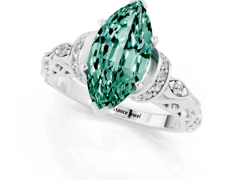 White gold Marquise Cut Green Sapphire Solitaire Ring with Filigree Band and Four-Prong Setting_25