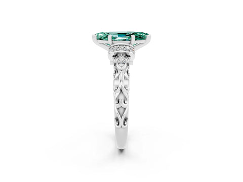 White gold Marquise Cut Green Sapphire Solitaire Ring with Filigree Band and Four-Prong Setting_26