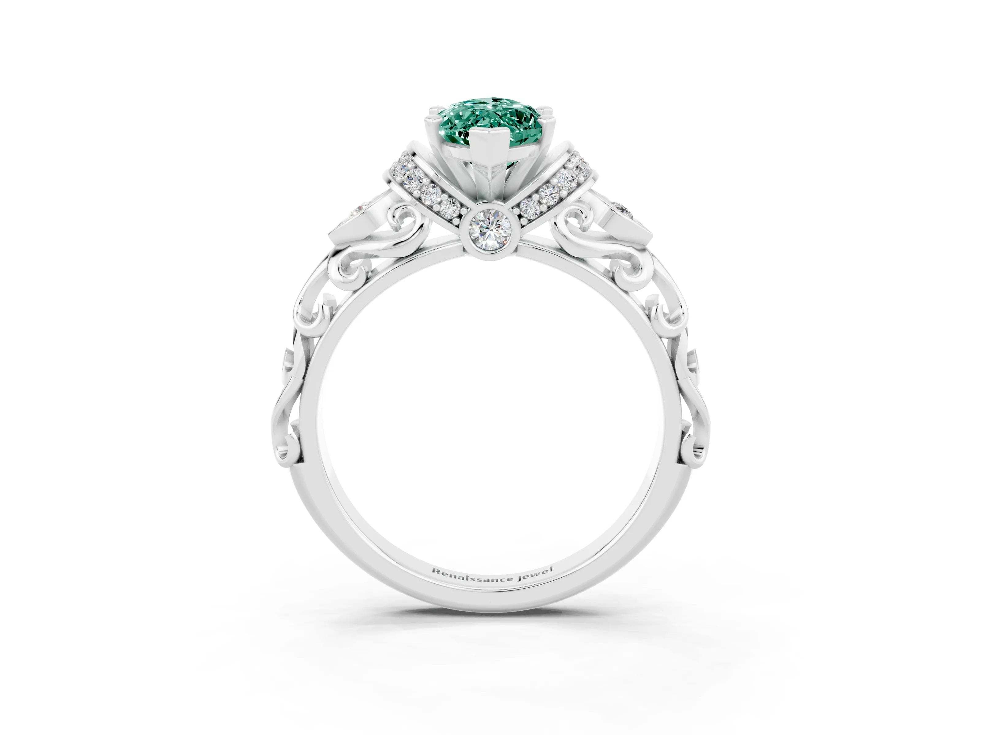 White gold Marquise Cut Green Sapphire Solitaire Ring with Filigree Band and Four-Prong Setting_27