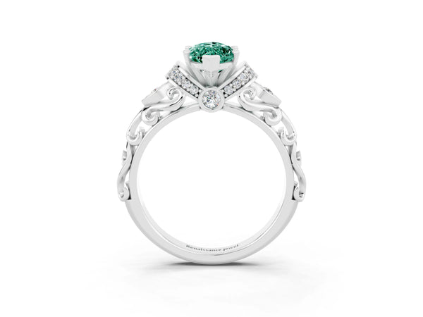 Silver Marquise Cut Green Sapphire Solitaire Ring with Filigree Band and Four-Prong Setting