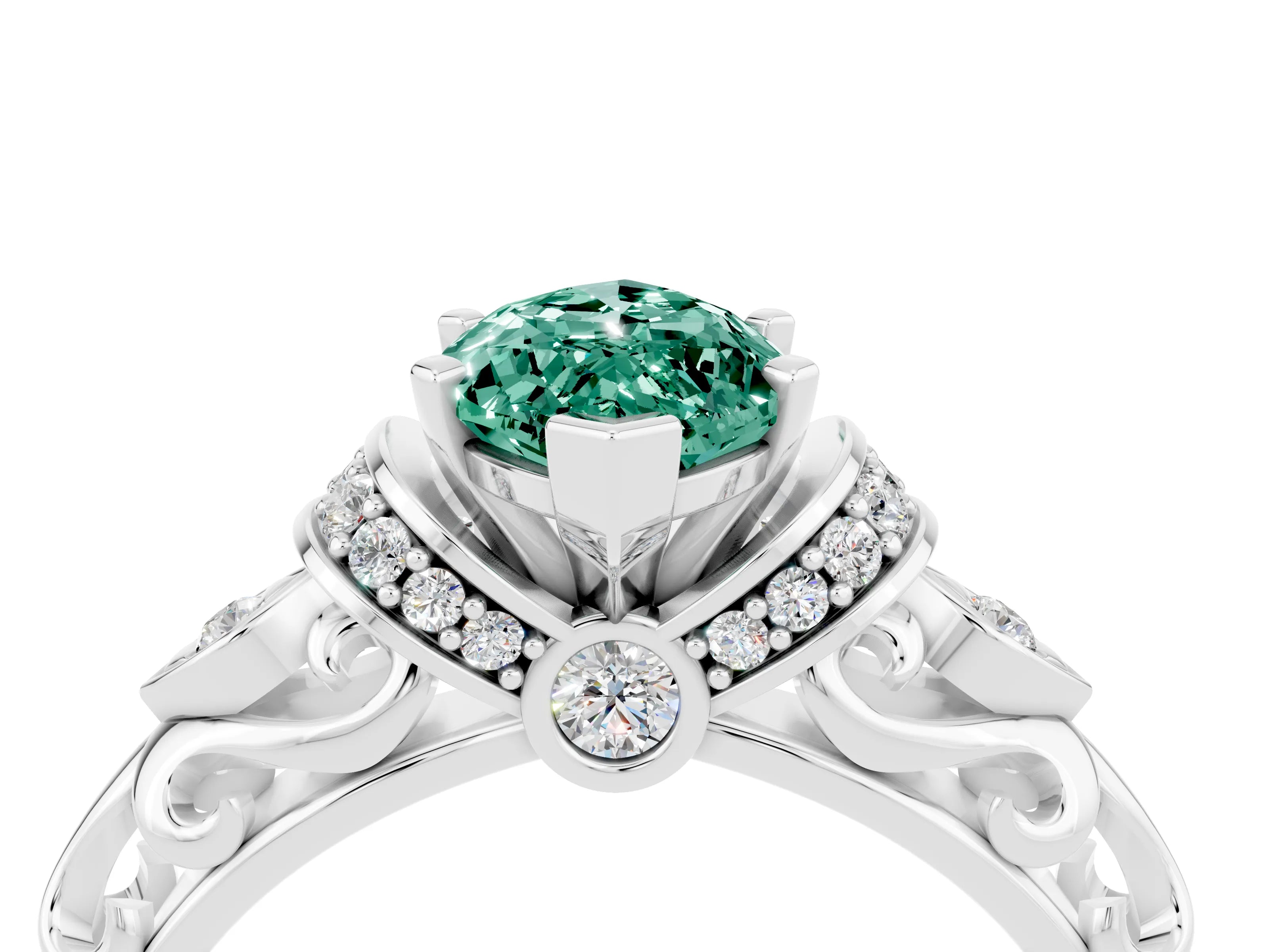 White gold Marquise Cut Green Sapphire Solitaire Ring with Filigree Band and Four-Prong Setting_28