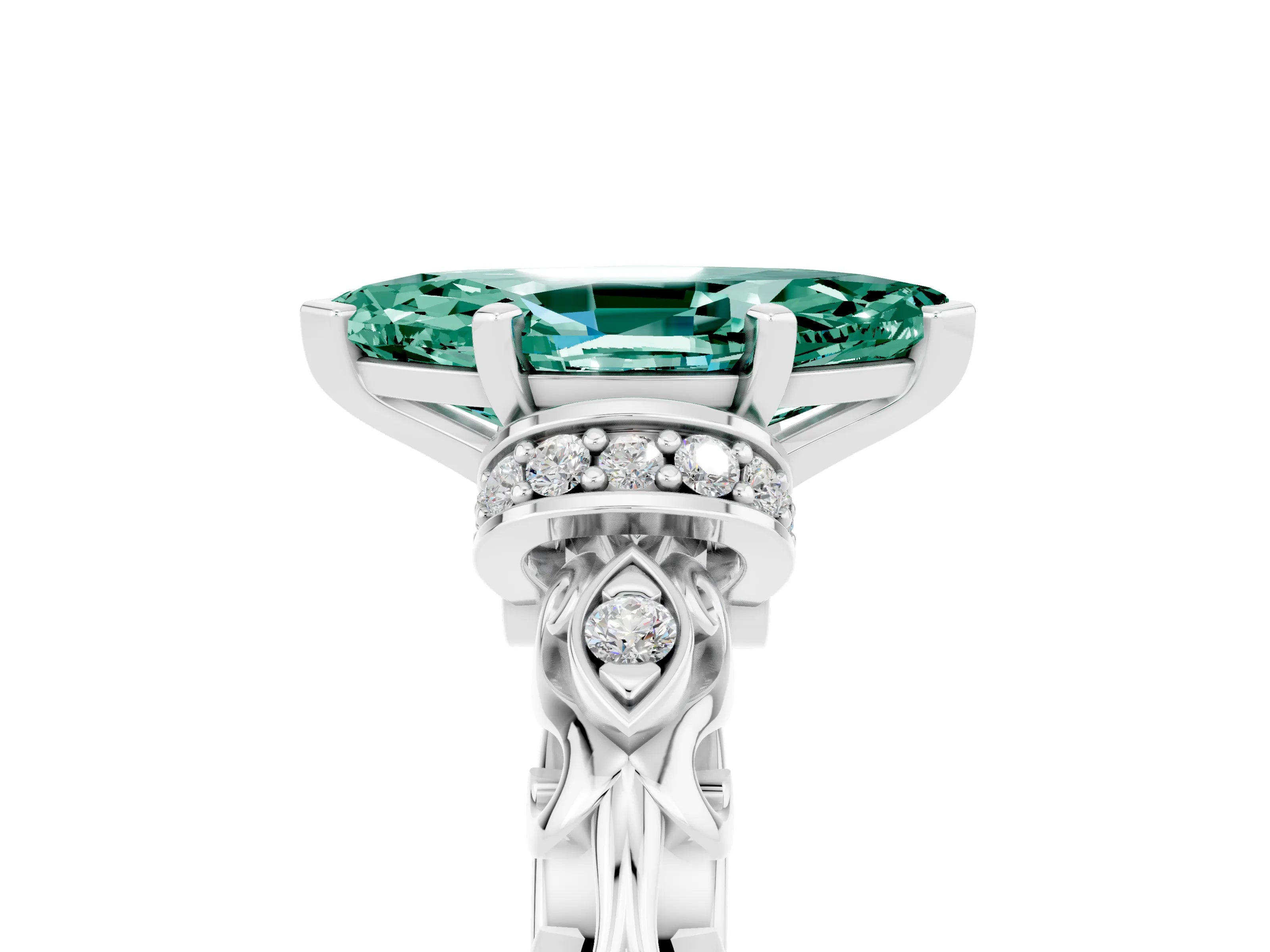 White gold Marquise Cut Green Sapphire Solitaire Ring with Filigree Band and Four-Prong Setting_29