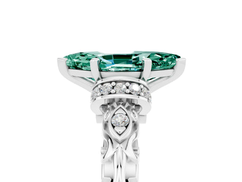 White gold Marquise Cut Green Sapphire Solitaire Ring with Filigree Band and Four-Prong Setting_29