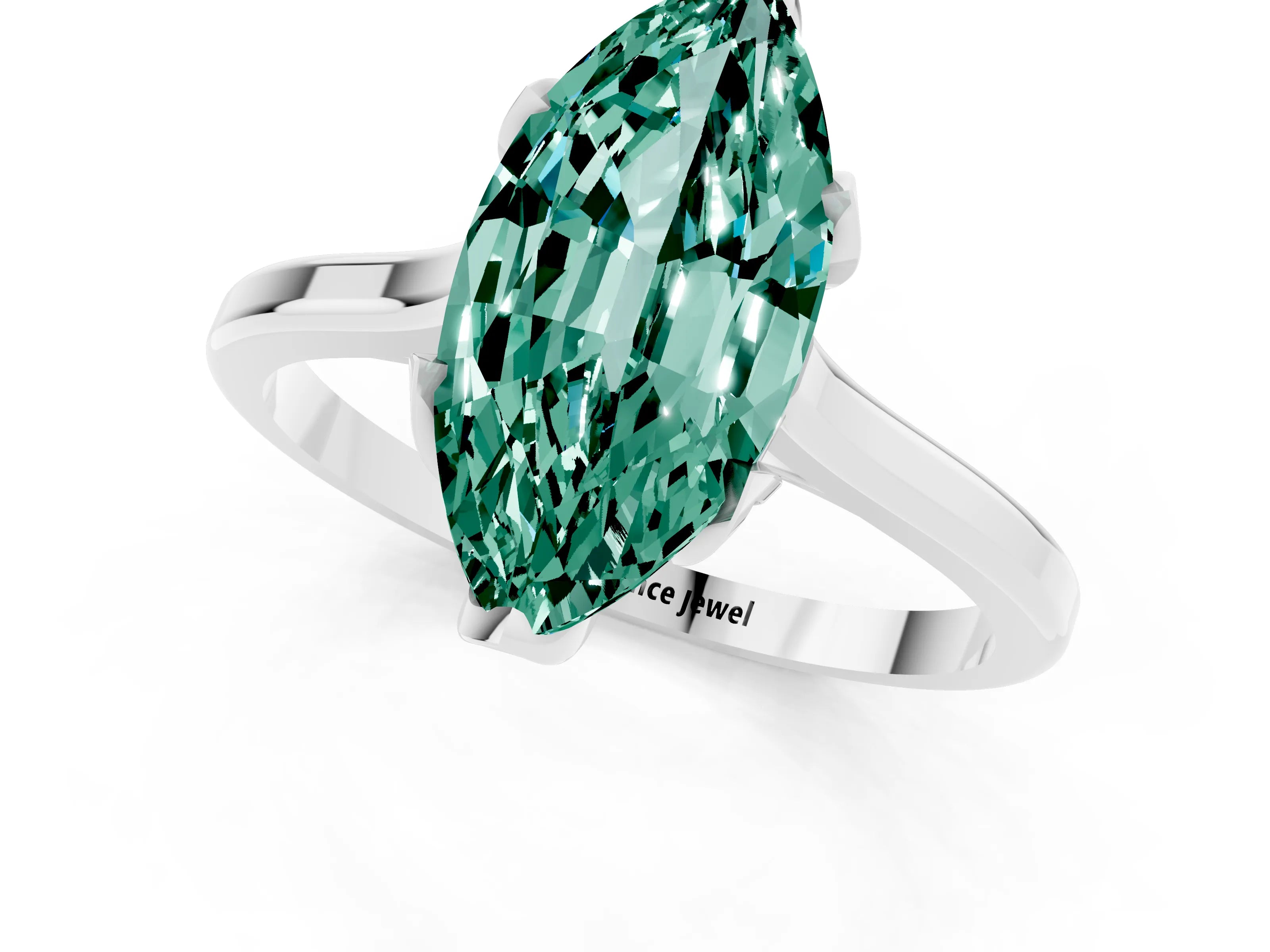 White gold Marquise Cut Green Sapphire Solitaire Ring with Flower Prong Setting and Classic Band_13
