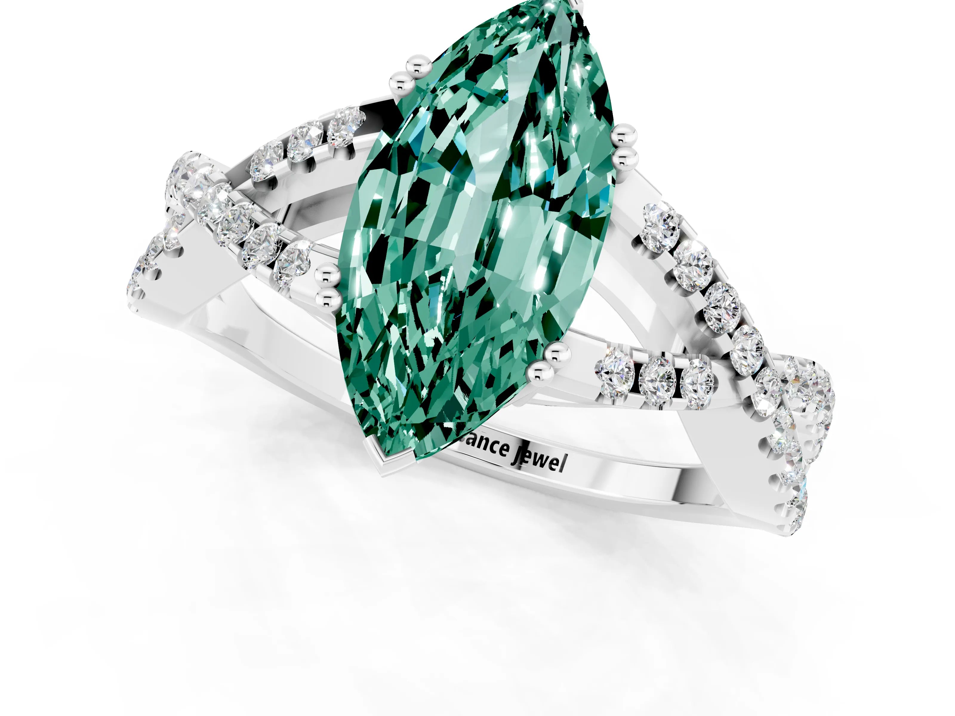 White gold Marquise Cut Green Sapphire Solitaire Ring with Four-Prong Setting and Twisted Pavé Band_1