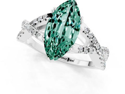 White gold Marquise Cut Green Sapphire Solitaire Ring with Four-Prong Setting and Twisted Pavé Band_1
