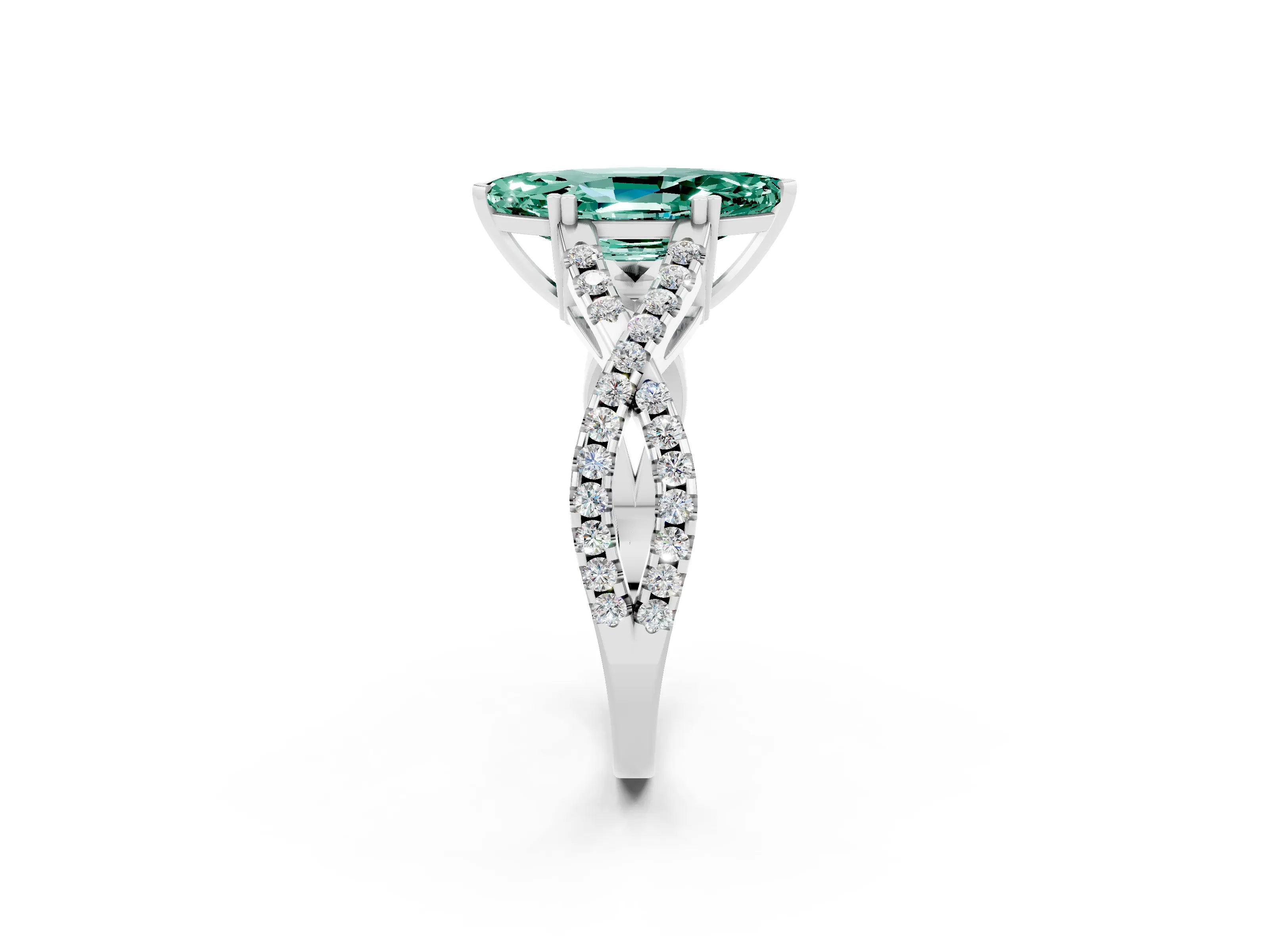White gold Marquise Cut Green Sapphire Solitaire Ring with Four-Prong Setting and Twisted Pavé Band_2