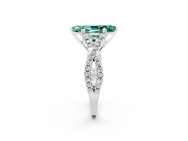 White gold Marquise Cut Green Sapphire Solitaire Ring with Four-Prong Setting and Twisted Pavé Band