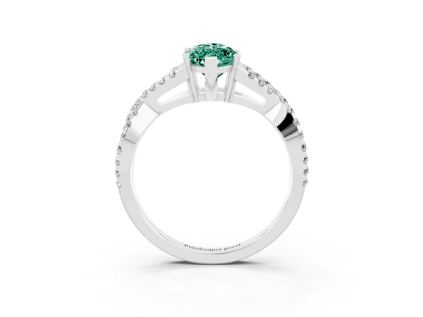 Platinum Marquise Cut Green Sapphire Solitaire Ring with Four-Prong Setting and Twisted Pavé Band